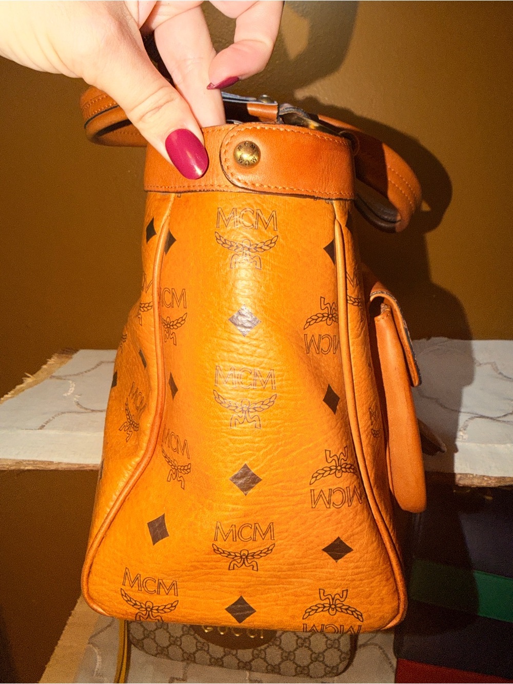 MCM Cognac Visetos Double Pocket Satchel Bag - Picture 3 of 9